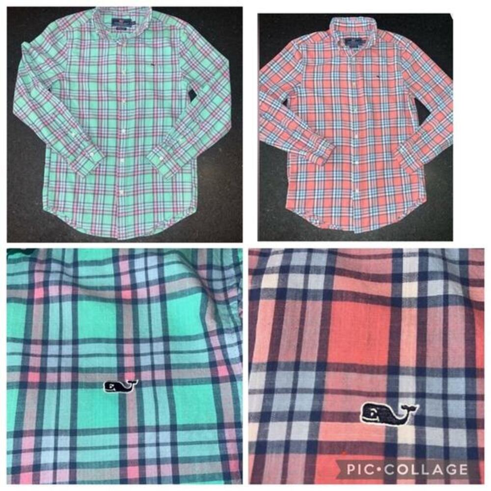 2 UEC VINEYARD VINES BUTTON DOWN PLAID SHIRTS GREEN PINK BLUE PLAID SZ XS